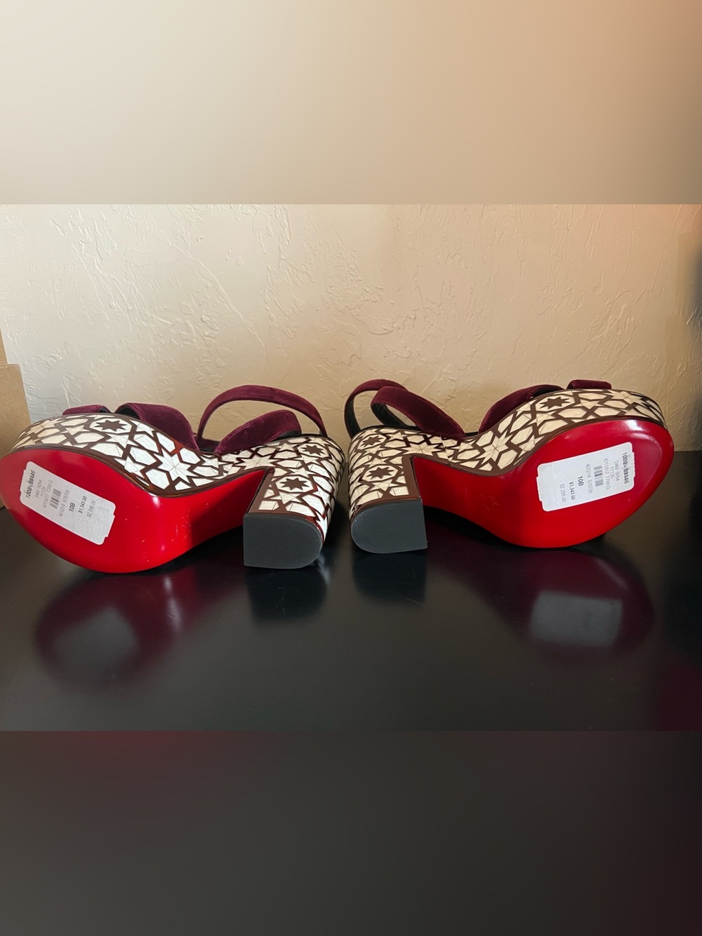 Christian Louboutin Superyaz Burgundy Velvet Platform Sandals with Mosaic-Inlay - Picture 7 of 13